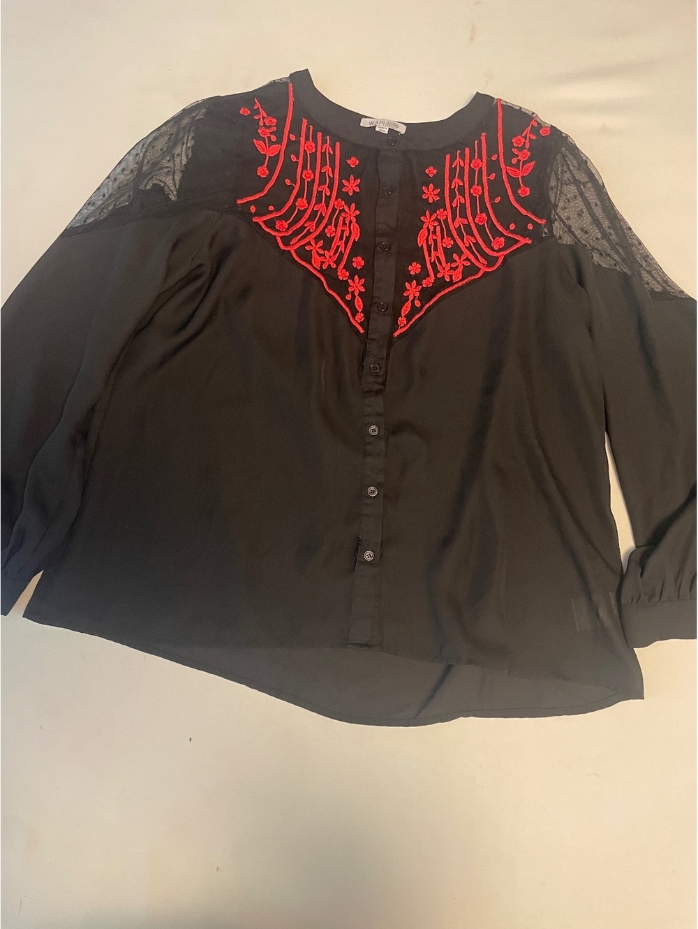 WAPI Plus Size 3X Black Blouse with Red Embroidery and Sheer Sleeves